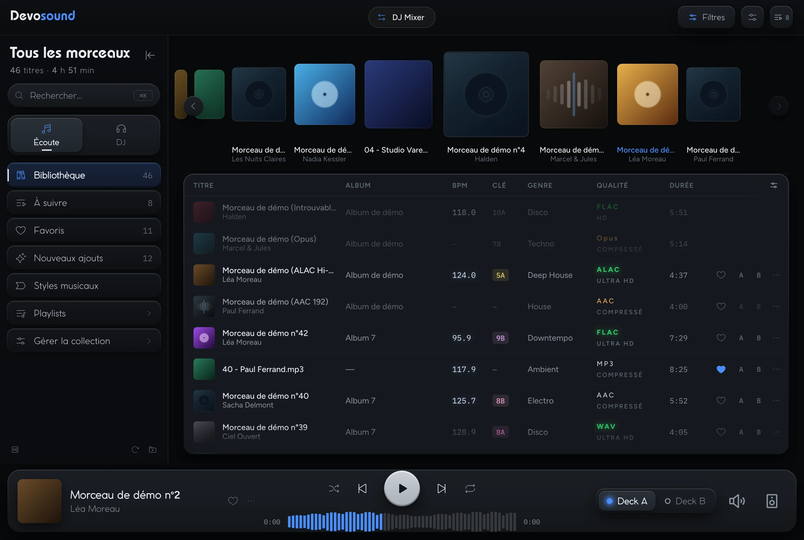 Devosound library view with the cover gallery, the track list and the player bar